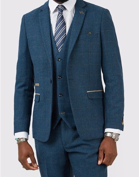 Marc Darcy Slim Fit Dion Blue Tweed Herringbone Check Men's Suit Jacket