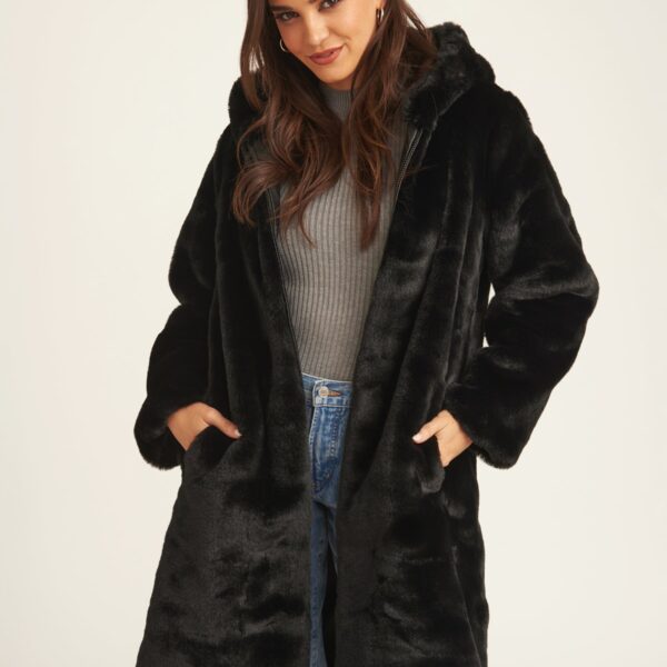 Black Faux Fur Hooded Longline Coat