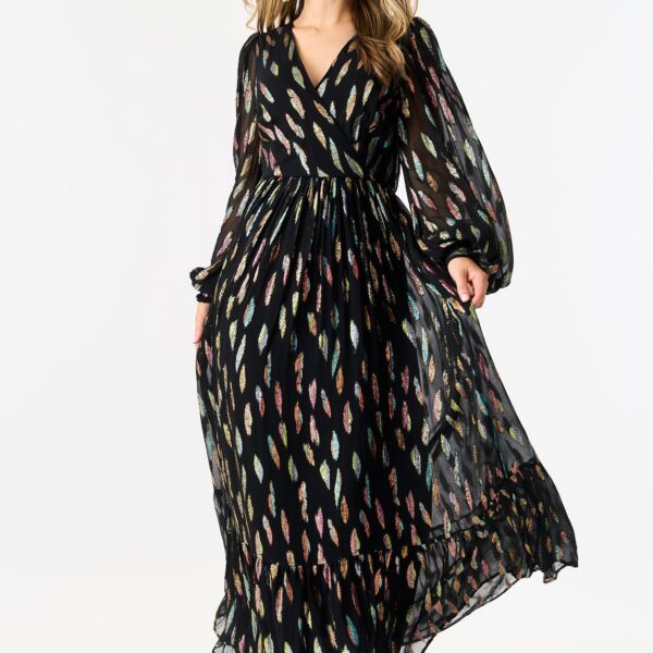 Black Metallic Print Full Sleeve Maxi Dress