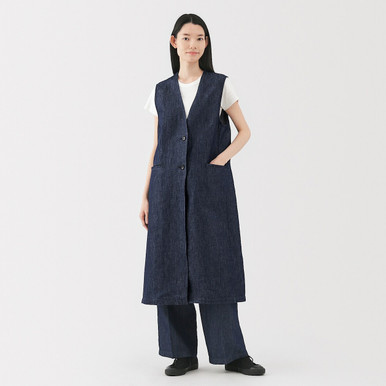 Women's Hemp Blend Denim Longline Waistcoat Navy XL | Navy