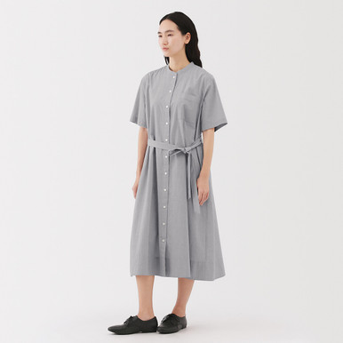 Women's Cotton Cool Touch Stand Collar Shirt Dress Saxe Blue Stripes XS | Saxe Blue Stripes
