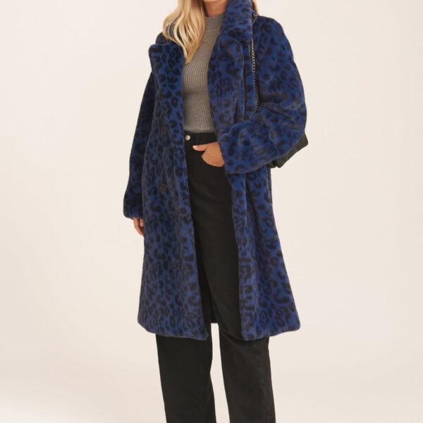 Navy Leopard Double Breasted Longline Faux Fur Coat