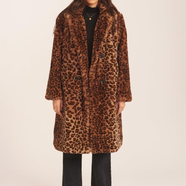 Brown Leopard Double Breasted Longline Faux Fur