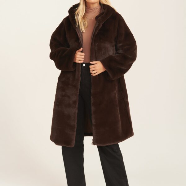 Chocolate Faux Fur Hooded Longline Coat