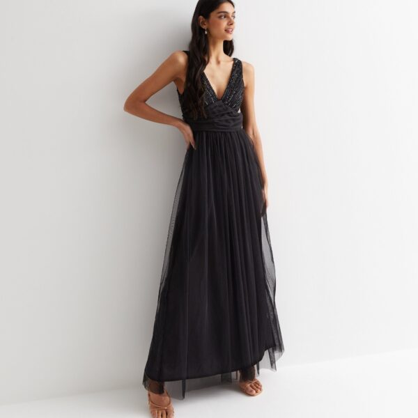 Black V neck Beaded Maxi Dress