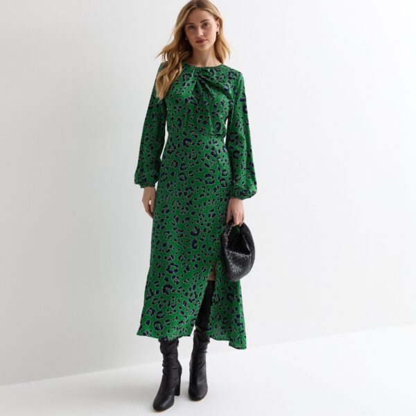 Green Animal Twist Neck Long Sleeves Midi Dress