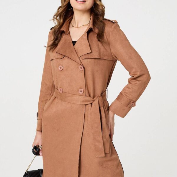 Faux Suede Button Front Trench Coat