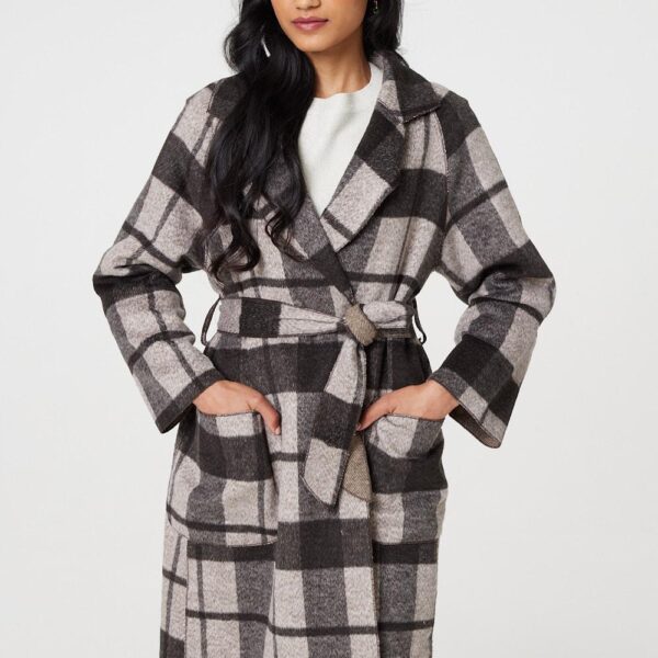 Checked Longline Coat with Belt