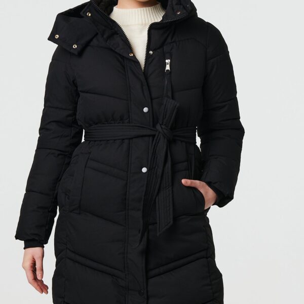 Longline Padded Tie Waist Hooded Coat