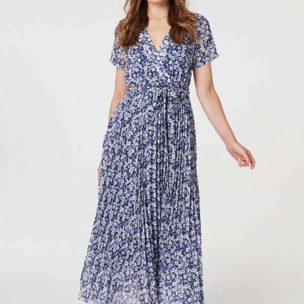 Floral Wrap Pleated Maxi Dress