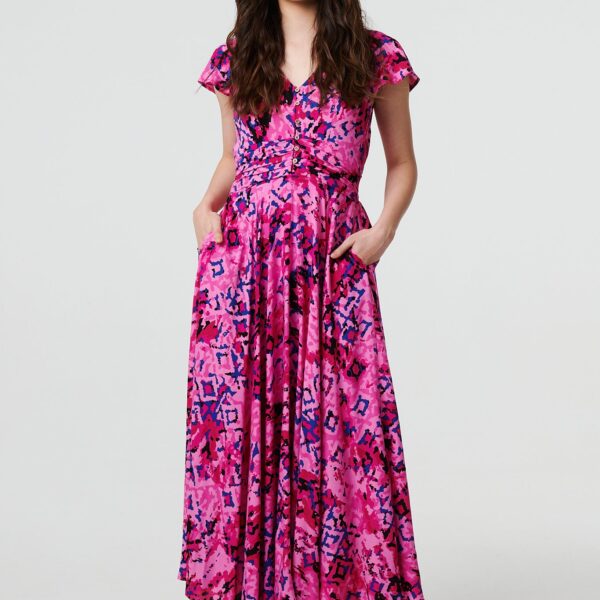 Abstract Ruched Waist Cap Sleeve Maxi Dress