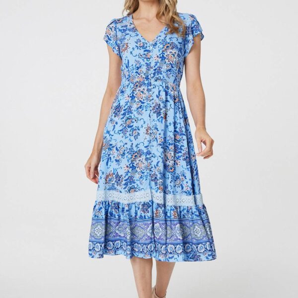 Floral Cap Sleeve Lace Trim Midi Dress