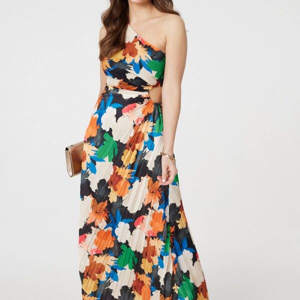 Floral One-Shoulder Pleated Maxi Dress