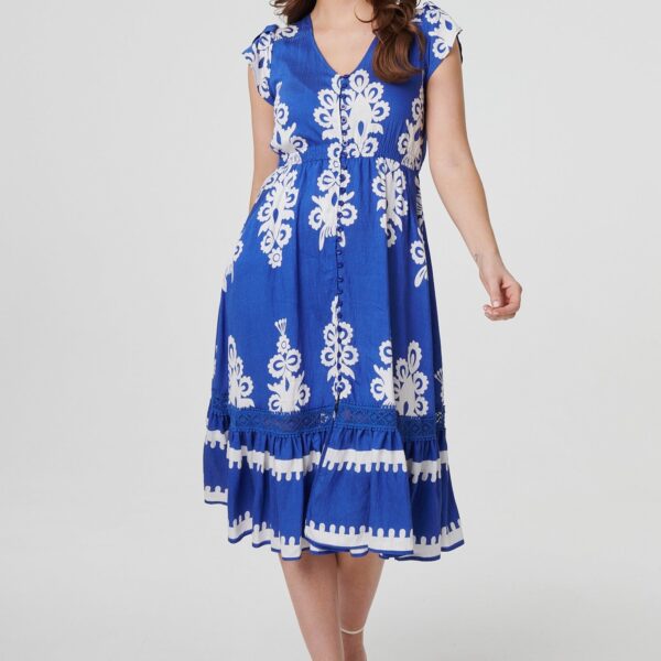 Ikat Print Cap Sleeve Lace Midi Dress