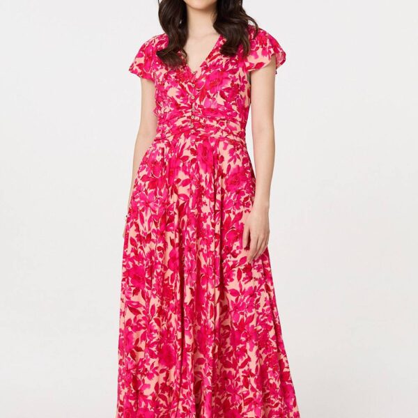 Floral Cap Sleeve Ruched Maxi Dress