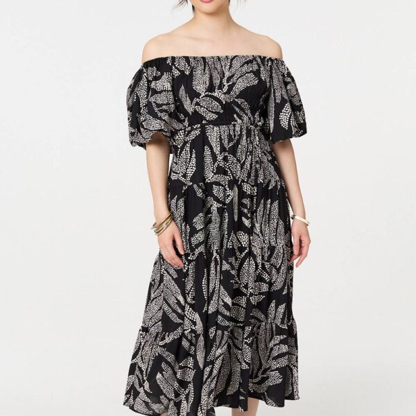 Leaf Print Puff 1/2 Sleeve Midi Dress