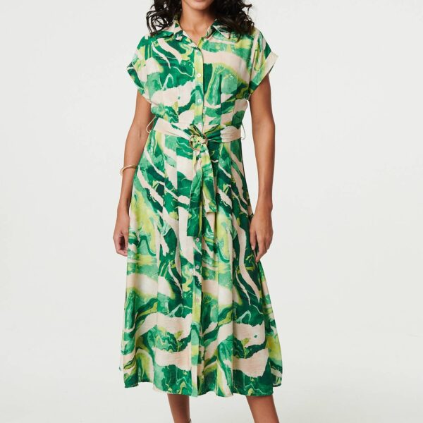 Printed Cap Sleeve Belt Waist Midi Dress