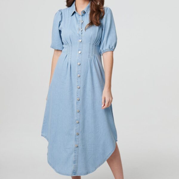 Denim 1/2 Puff Sleeve Ruched Maxi Shirt Dress
