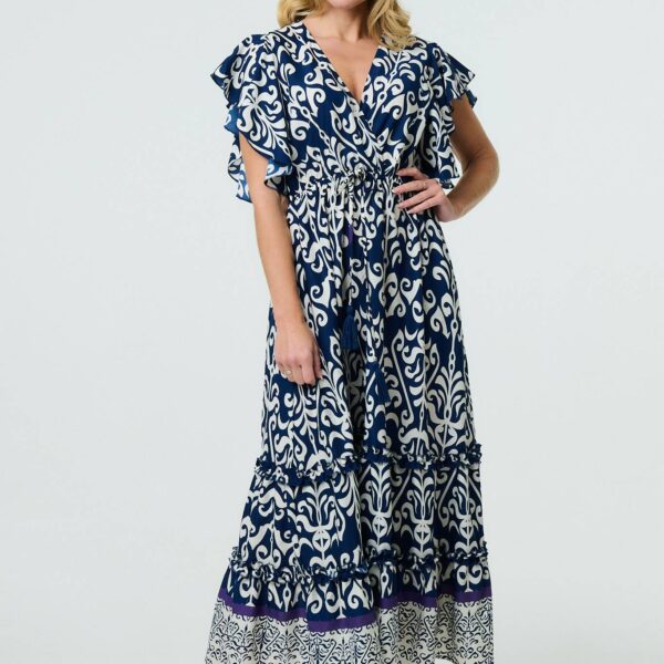 Mosaic Print Ruffle Batwing Sleeve Maxi Dress