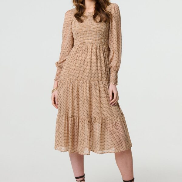 Dot Print Semi Sheer Tiered Midi Dress