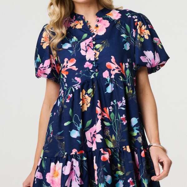 Floral High Neck Puff Sleeve Mini Dress