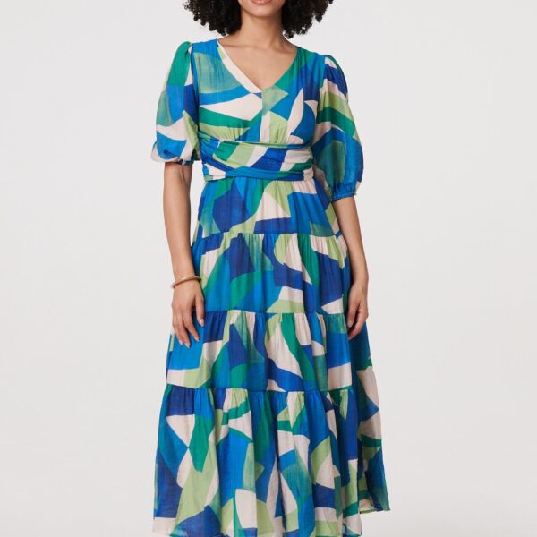 Abstract Ruched 3/4 Sleeve Midi Dress
