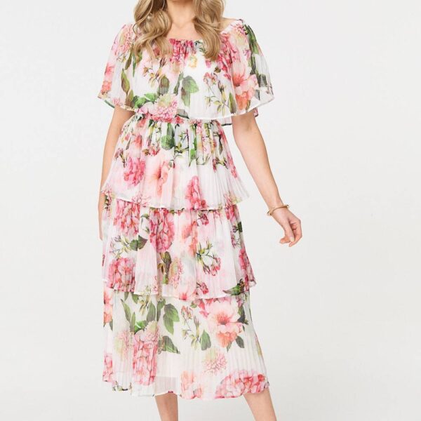 Floral Tiered Pleated Midi Dress