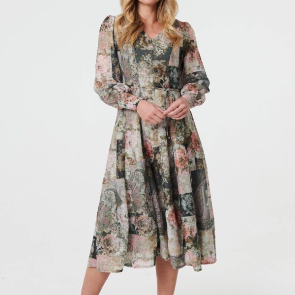 Patchwork Print Tie Waist Midi Dress