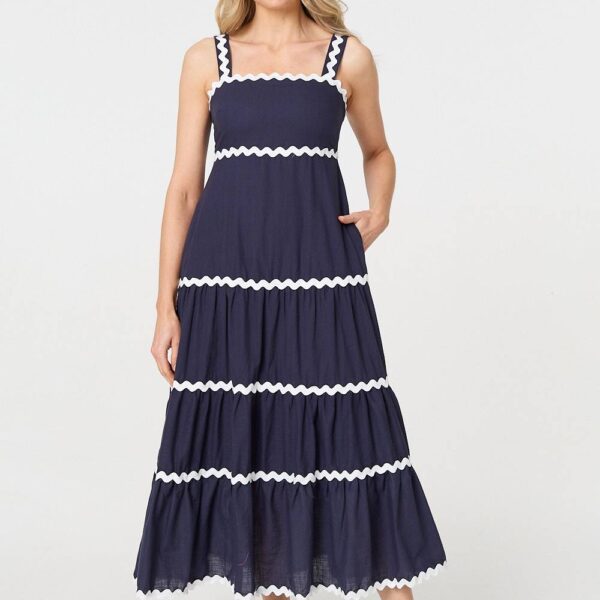 Zig Zag Trim Sleeveless Tiered Midi Dress