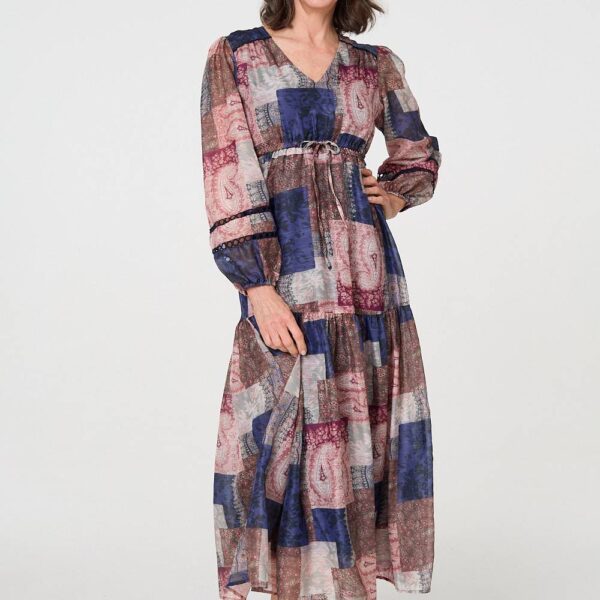 Patchwork Print Empire V-Neck Maxi Dress