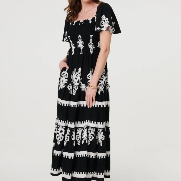 Ikat Print Short Angel Sleeve Maxi Dress