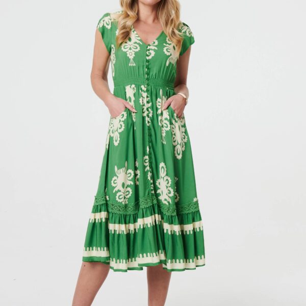 Ikat Print Cap Sleeve Shirred Midi Dress