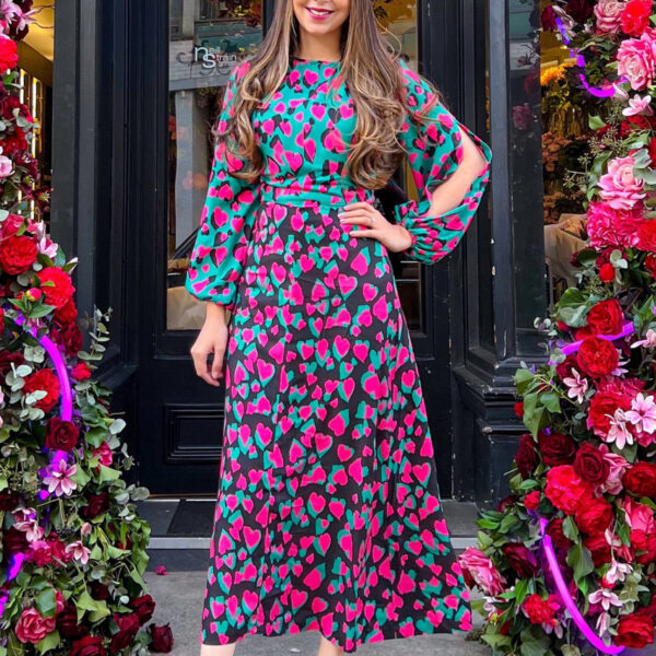 Closet London Green Heart Print Puff Sleeve Midi Dress
