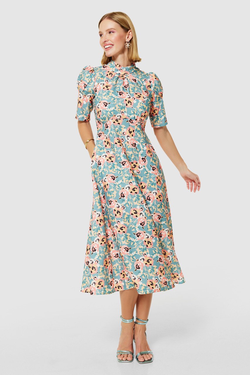 Closet London Apricot Green Floral High Neck Midi Dress