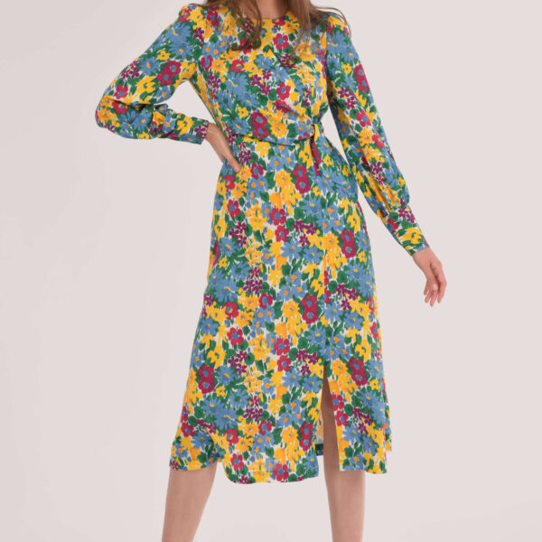 Closet London Blue Floral Print Puff Sleeve A-Line Dress