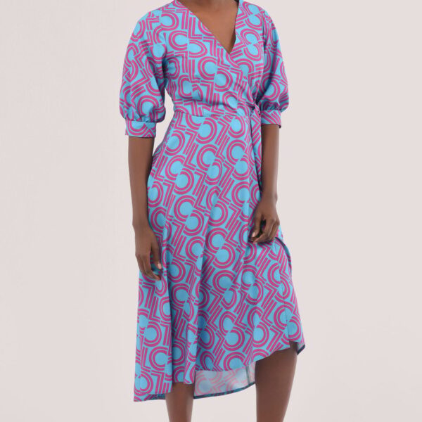 Blue Puff Sleeve Wrap Print Dress