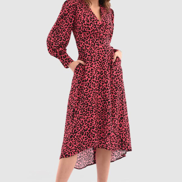 Closet London Fuchsia Pink High-Low Wrap Print Midi Dress