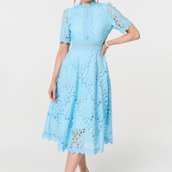 Floral Lace Cut Out Frilled Trim Midi Dress