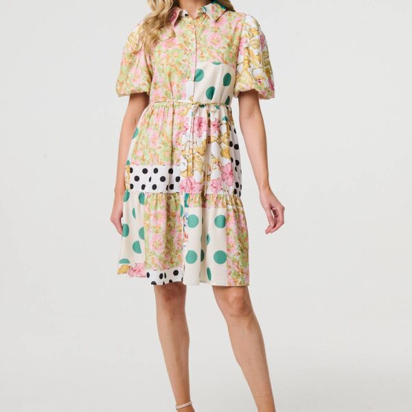 Patchwork Print Knee Length Shirt Dress