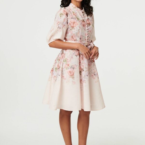 Floral 3/4 Puff Sleeve Knee Length Dress