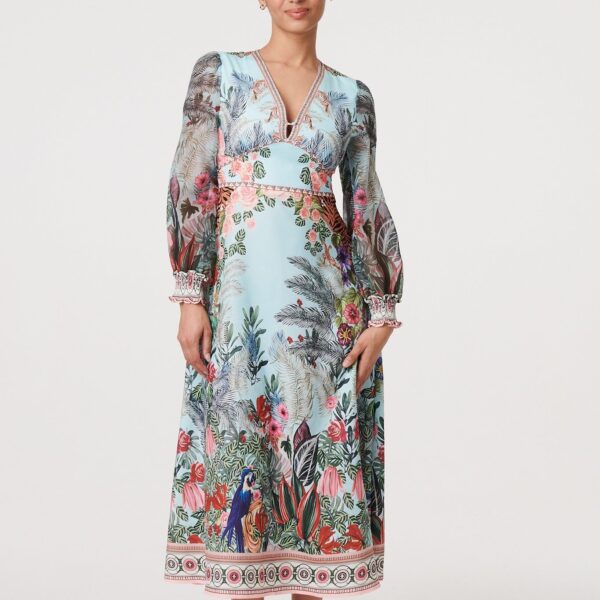 Tropical Print Empire Waist Midi Dress