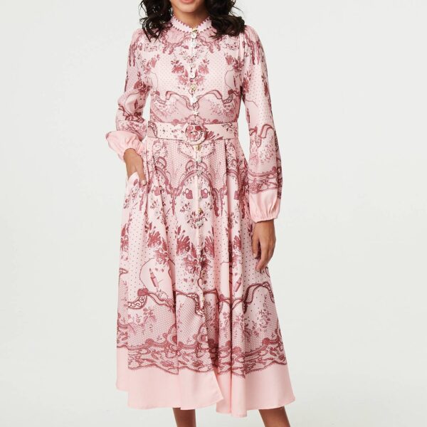 Printed Long Sleeve High Neck Midi Dress