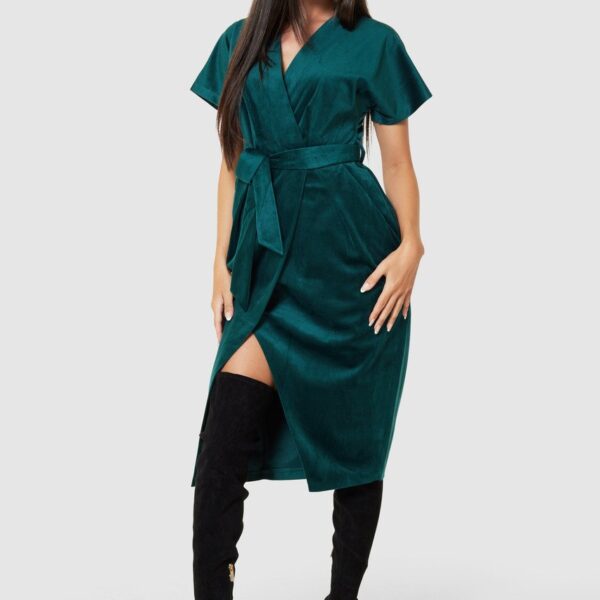 Closet London Green Kimono Wrap Over Velvet Dress