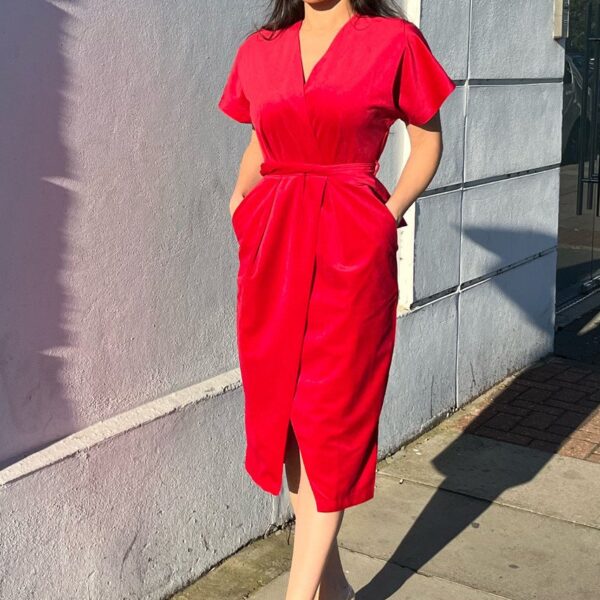 Closet London Red Kimono Wrap Over Velvet Dress