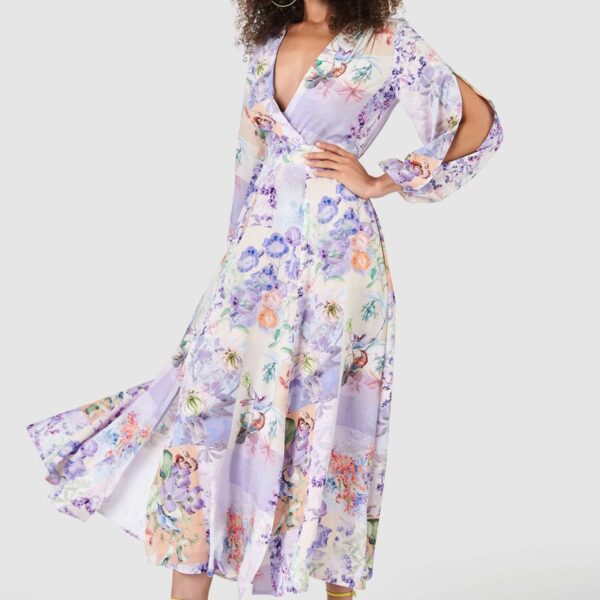 Closet London Purple Floral Print Full Skirt Wrap Dress