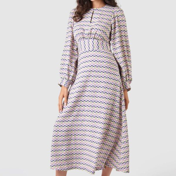 Closet London Purple Print Gathered Waist Puff Sleeve Midi Dress