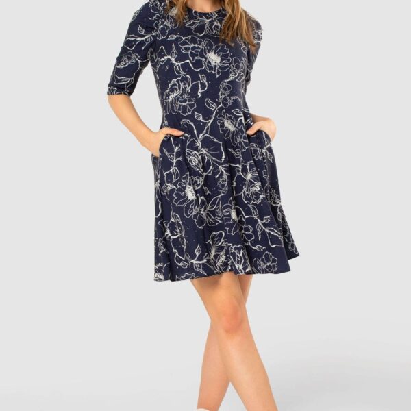 Closet London Navy Floral Print Gathered Sleeve Dress
