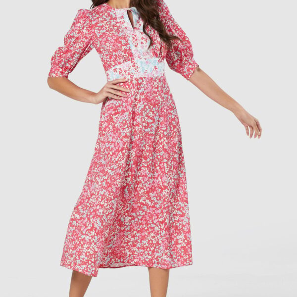 Closet London Pink Floral Print Tie Back A-Line Dress