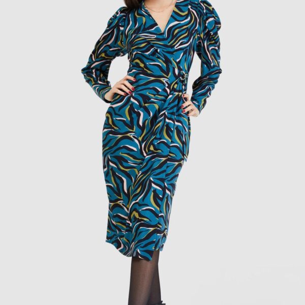 Closet London Blue Print Wrap Pencil Midi Dress