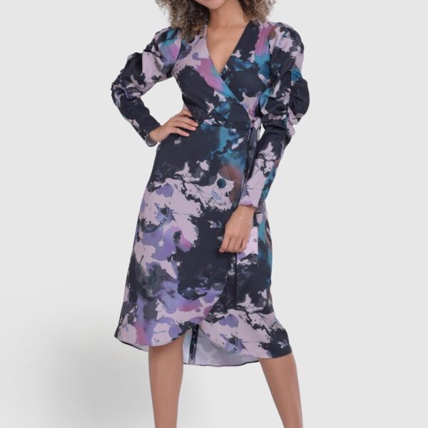 Closet London Multi Print Puff Sleeve Wrap Midi Dress